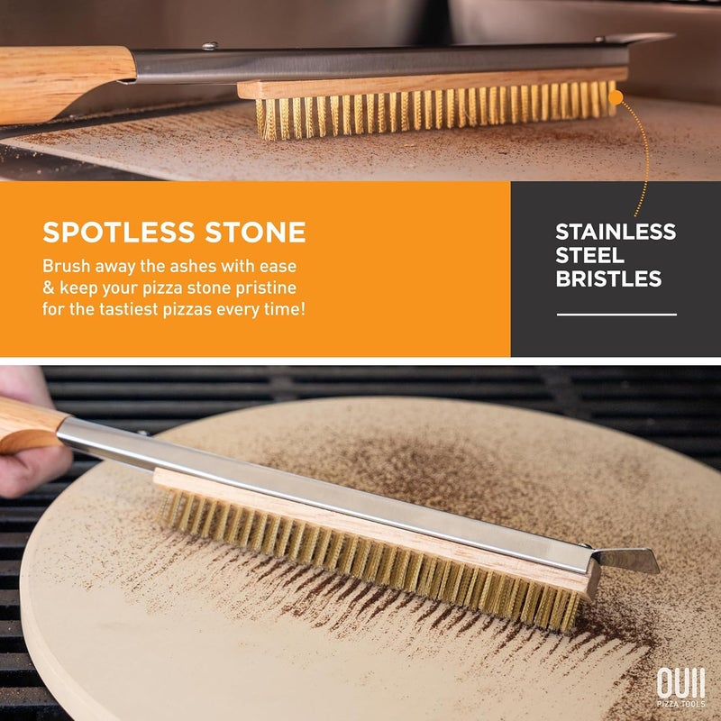 OUII 26'' Pizza Oven Brush with Stone Scraper - Includes 2 Brush Heads, Heat-Resistant Gold Stainless Steel Bristles - Long Grip Handle, Compatible with Ooni, Gozney, Blackstone, Solo Stove Ovens - Image 3